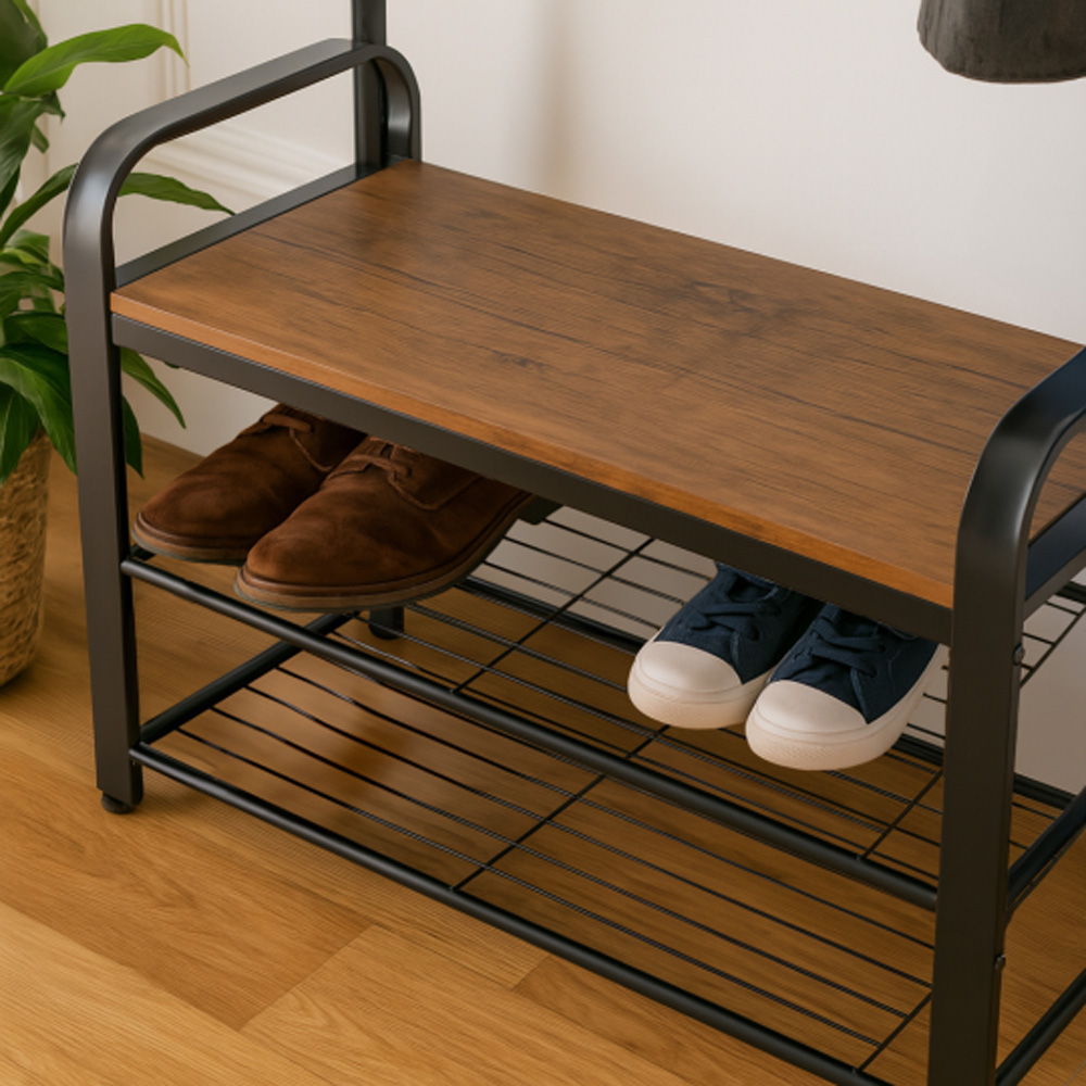 Harbour Housewares 2 Shelf 9 Hook Black and Brown Curved Steel Coat Rack with Shoe Storage Bench Image 5