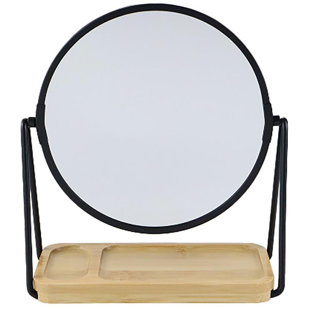 Black Frame Bamboo Base Cosmetic Mirror - Black and Natural Image
