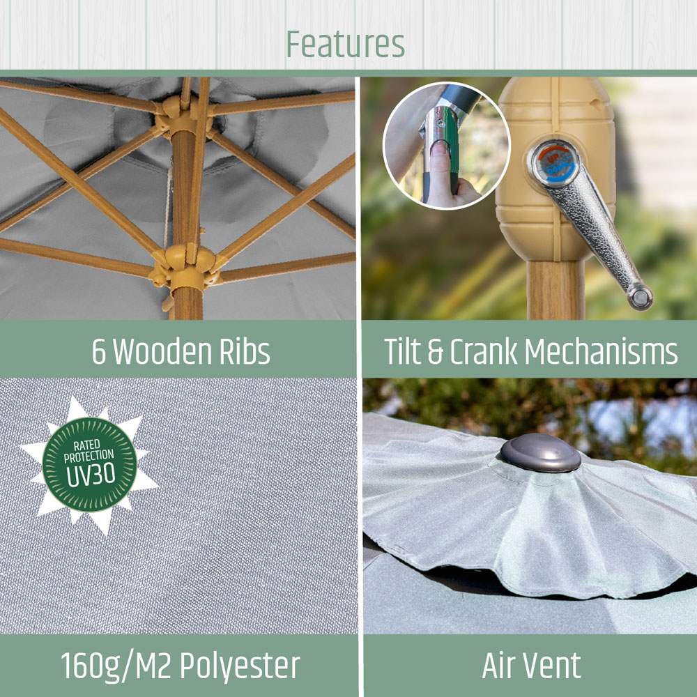 Gardenkraft Light Grey Crank and Tilt Wooden Parasol 2.7m Image 3