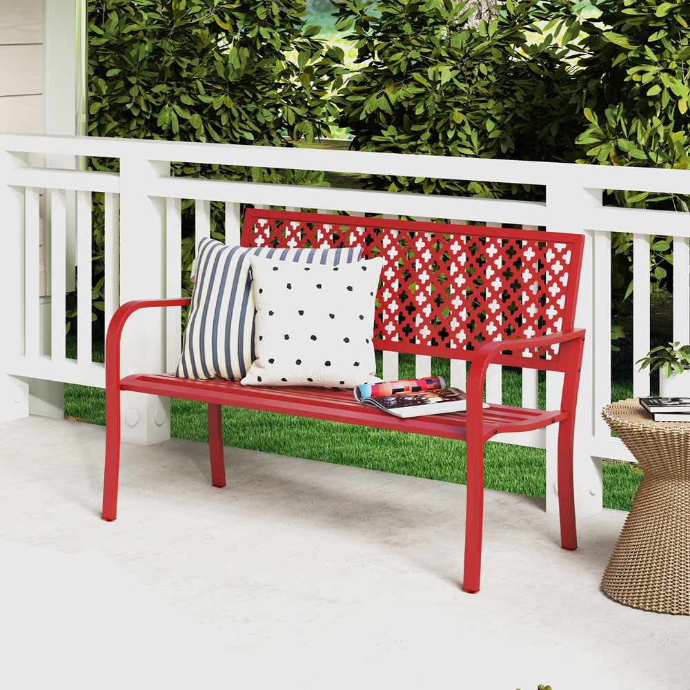 Costway 2 Seater Red Metal Garden Bench with Slatted Seat and Backrest Image 4
