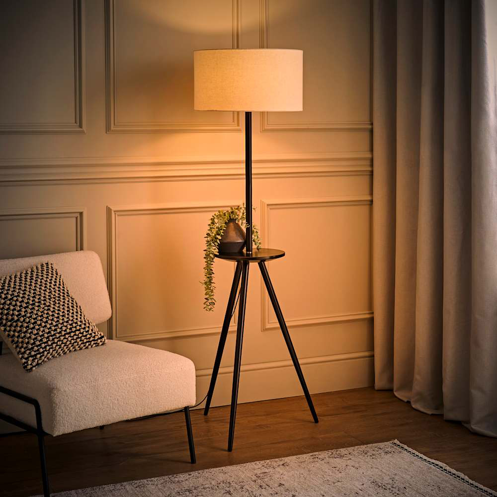 ValueLights Desmond Side Table Black Wood Tripod LED Floor Lamp with Bulb Image 2