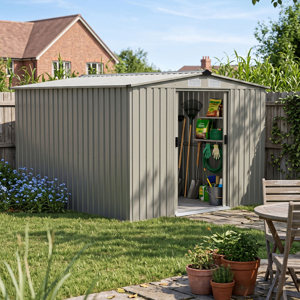 Living and Home 8 x 8ft Grey Metal Apex Garden Storage Shed with Foundation Image 7