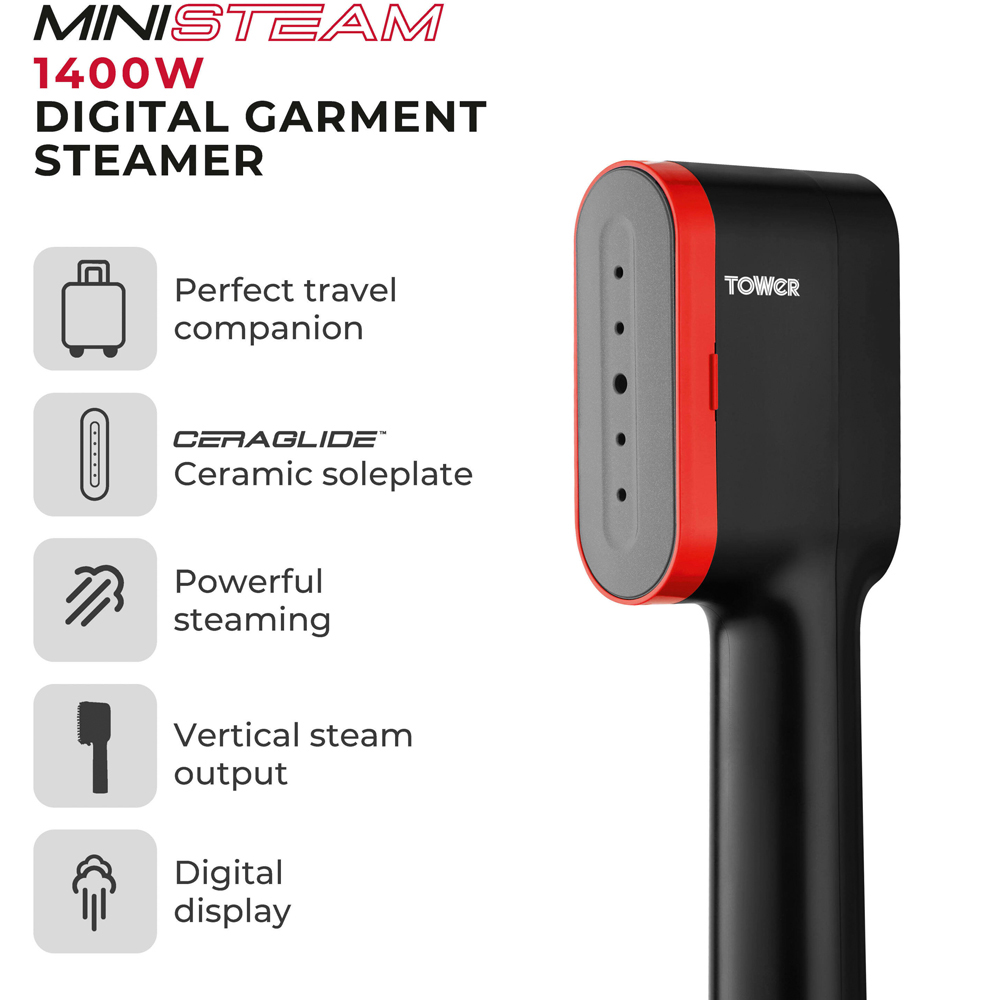 Tower Red and Black Digital Handheld Garment Steamer Image 3