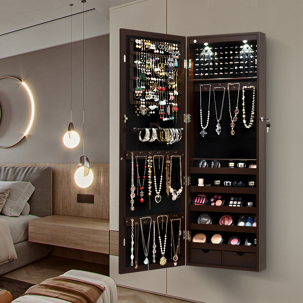 Costway Brown Lockable Mirror Jewellery Cabinet with LED Lights Image 3