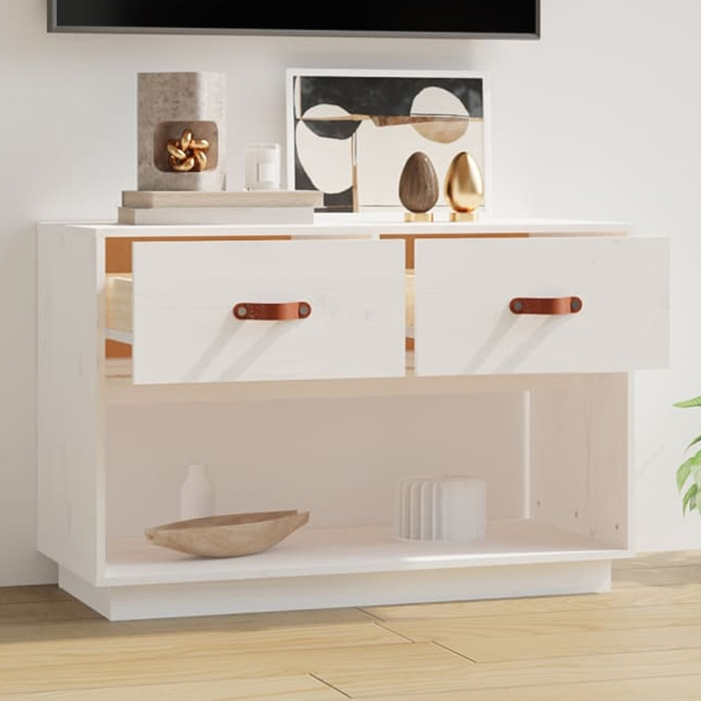 vidaXL 2 Drawer Single Shelf White Solid Pine Wood TV Cabinet Image 1