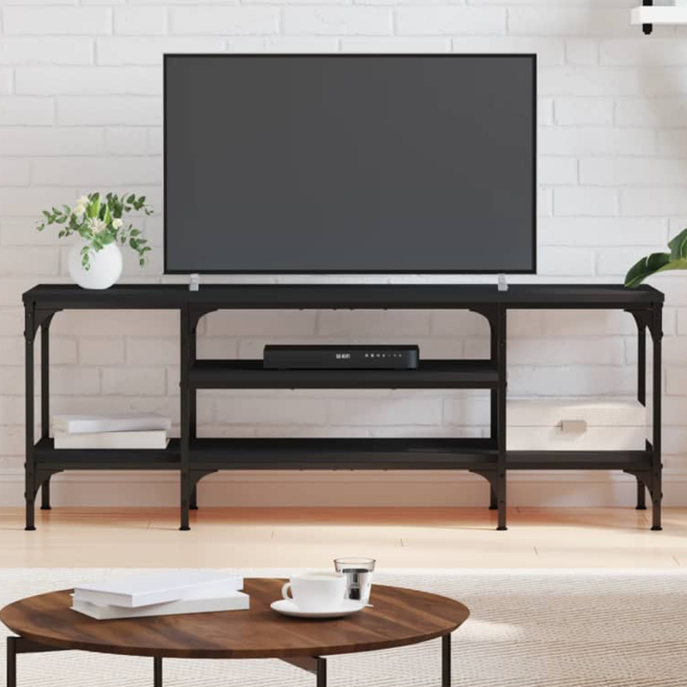 vidaXL 2 Shelf Black Industrial Style Wood and Iron TV Cabinet Image 1