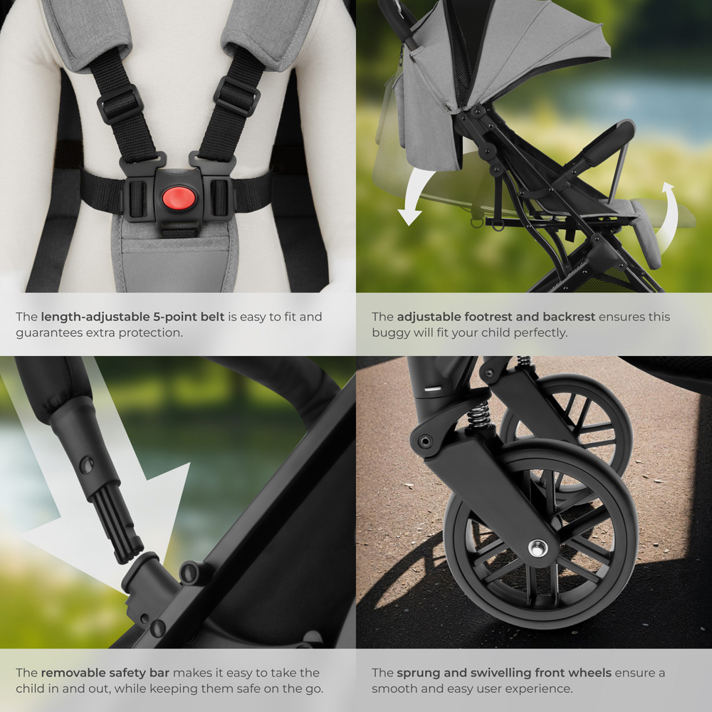 tectake Finn Grey Foldable Pushchair Stroller with 5 Point Harness Image 8