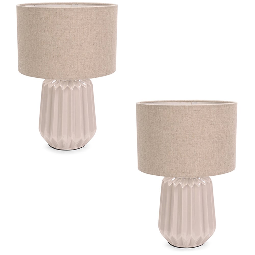 ValueLights Zak Fabric Lamp Shade Natural Stone Pleated Textured Ceramic LED Table Lamp 2 Pack Image 1