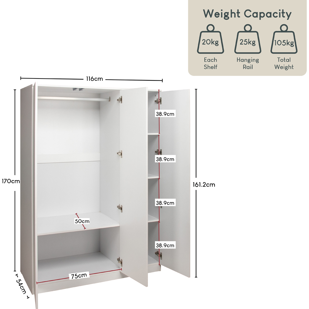VIDA DESIGNS Denver 3 Door White Mirrored Wardrobe Image 8
