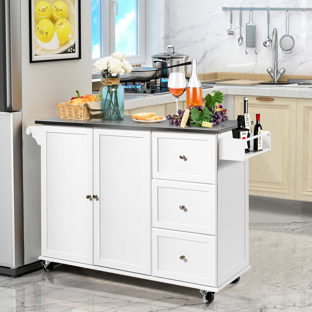 Costway 2 Door 3 Drawer White Rolling Kitchen Island Cart Image 2