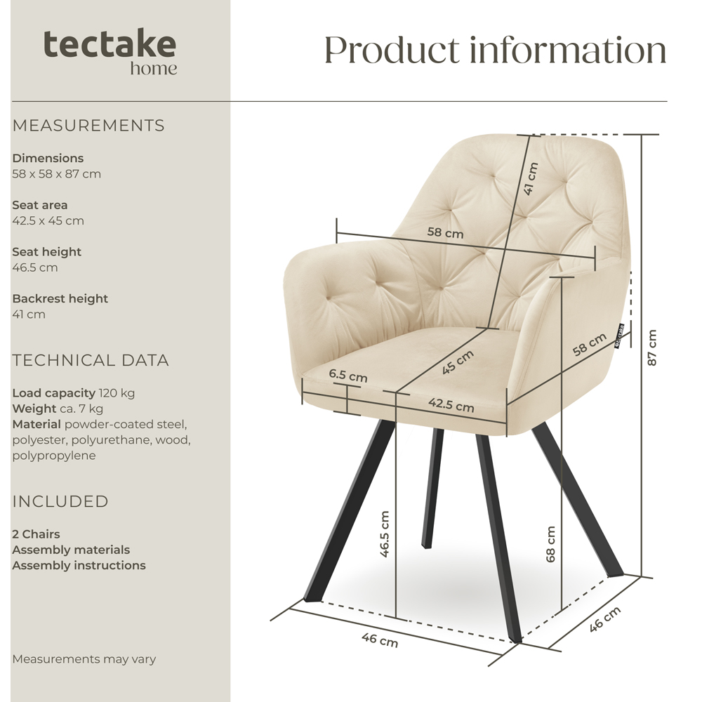 tectake Lucia Set of 2 Cream Quilted Armchair Image 9