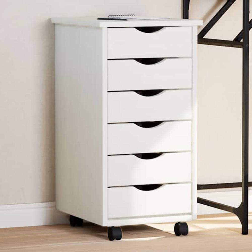 vidaXL Moss 6 Drawer White Solid Pine Wood Rolling Cabinet Image 1