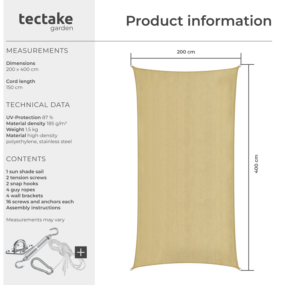 tectake Sonny Sand Water-Resistant Sun Shade Sail 200 x 400cm Image 8