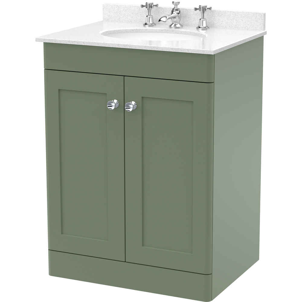 nuie Classique 2 Door Satin Green and White Floor Standing Unit and 3 Tap Hole Marble Basin 600mm Image 1