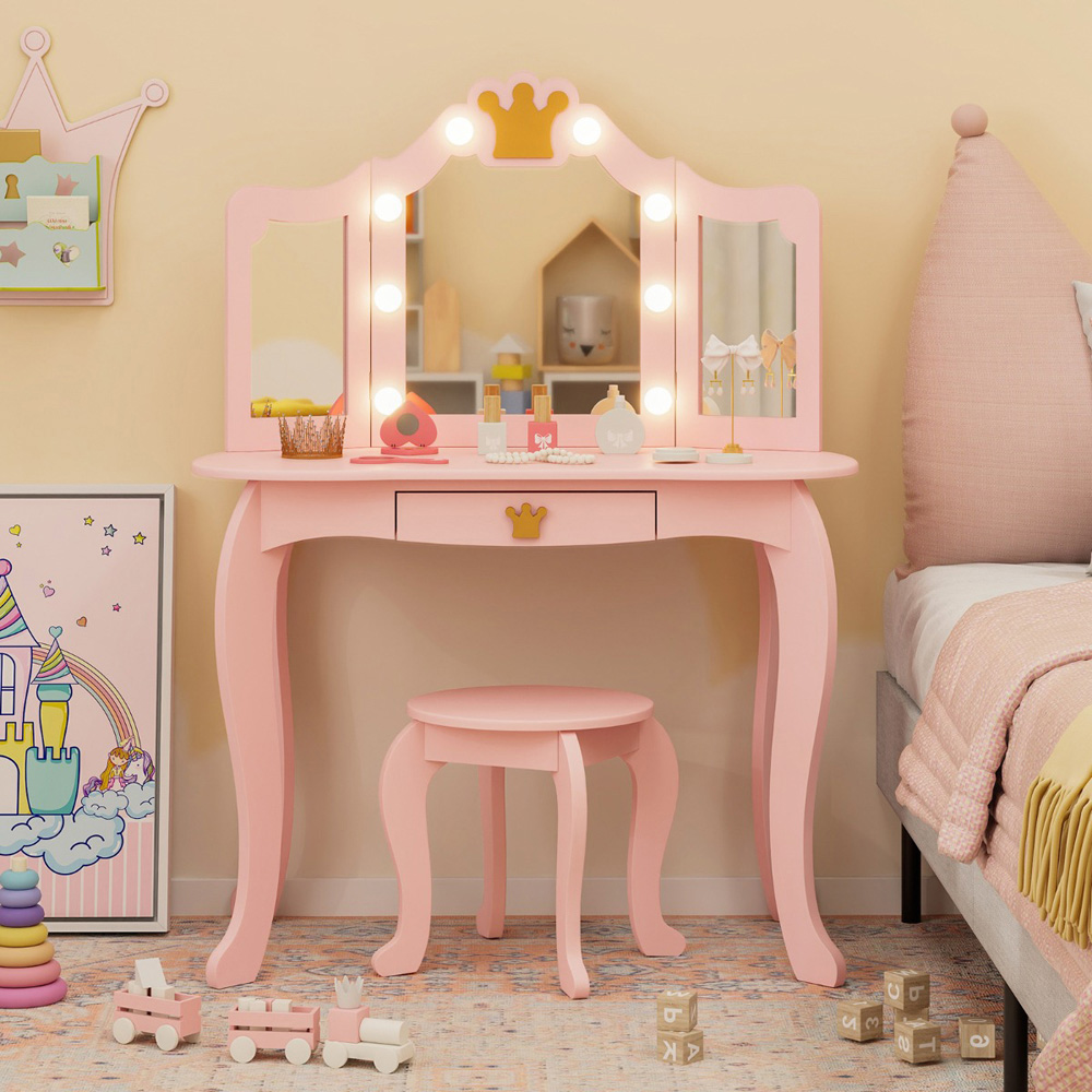 Costway Pink Kids Vanity Set with Lighted Mirror and Stool Image 4