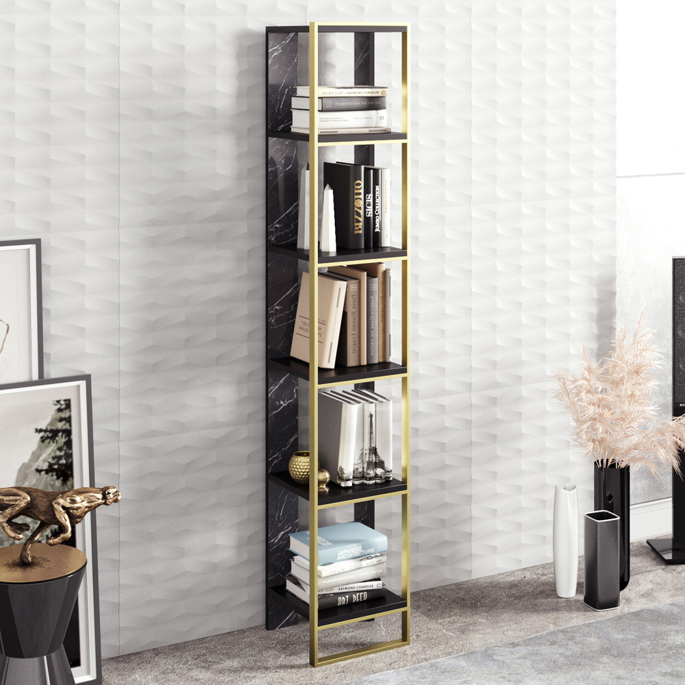 Decorotika Polka 5 Shelf Black Marble and Gold Bookshelf Image 1
