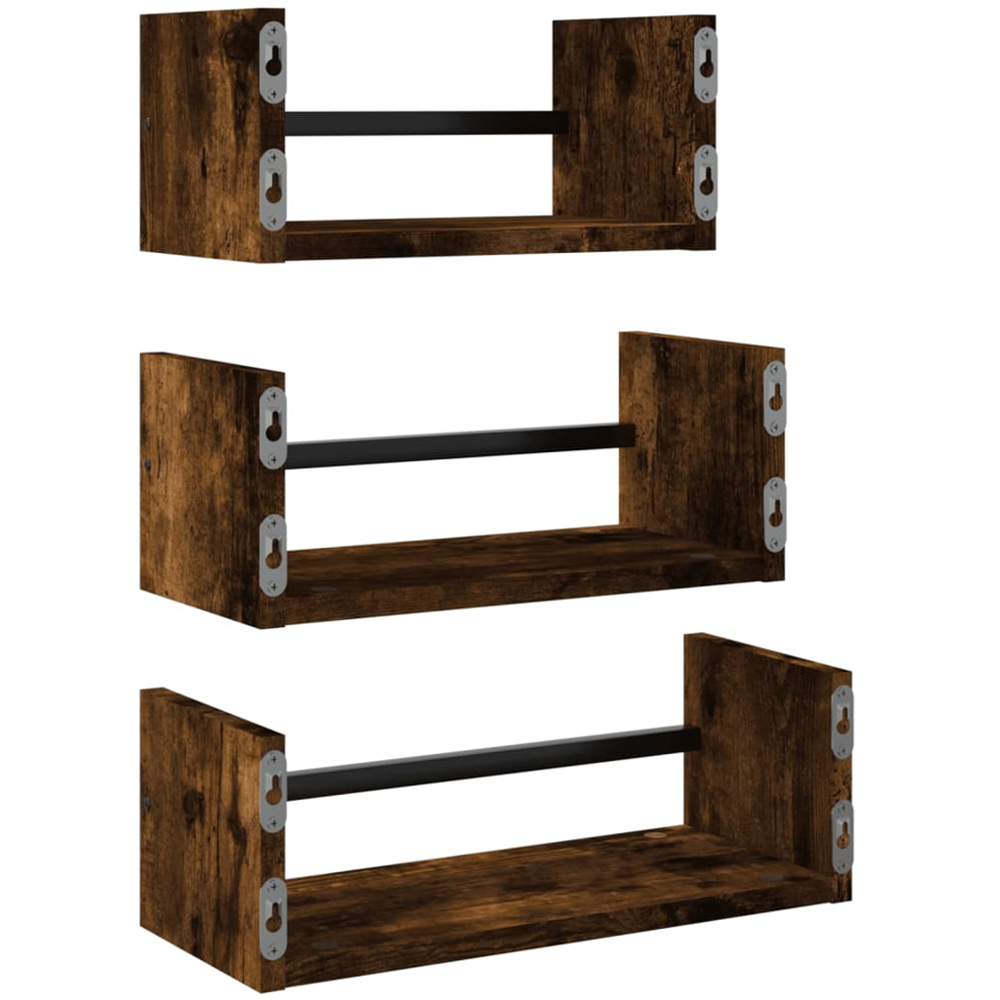 vidaXL Set of 3 Smoked Oak Wooden Wall Shelf with Bars Image 4