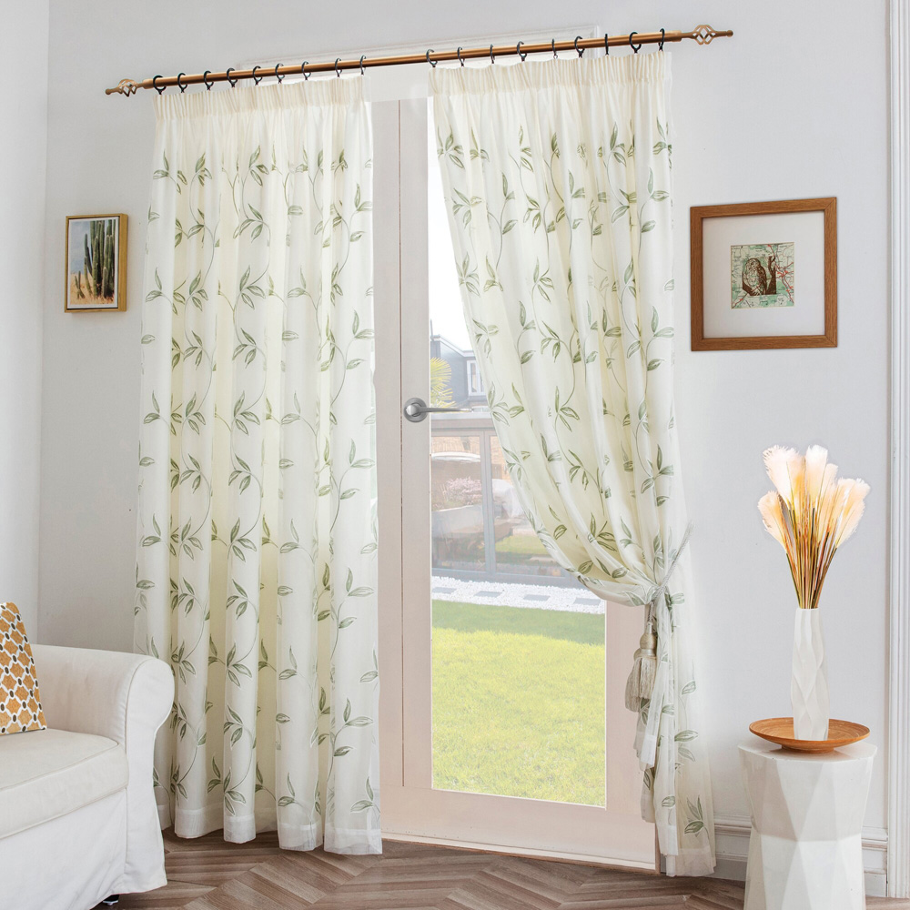 Alan Symonds Leaf Embroidered Sage Pencil Pleat Tulle Voile Curtains 147 x 183cm Image 1