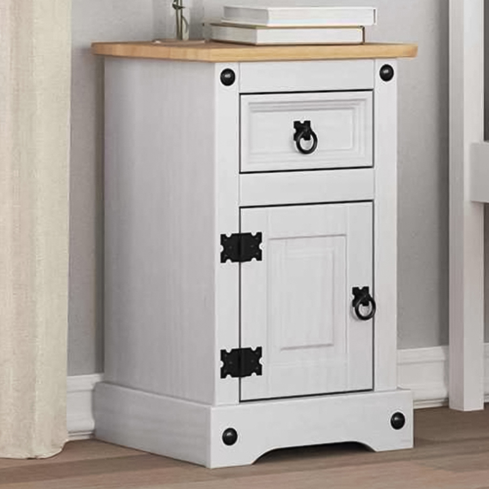 vidaXL Corona Single Door Single Drawer White Solid Pine Wood Bedside Table Image 1