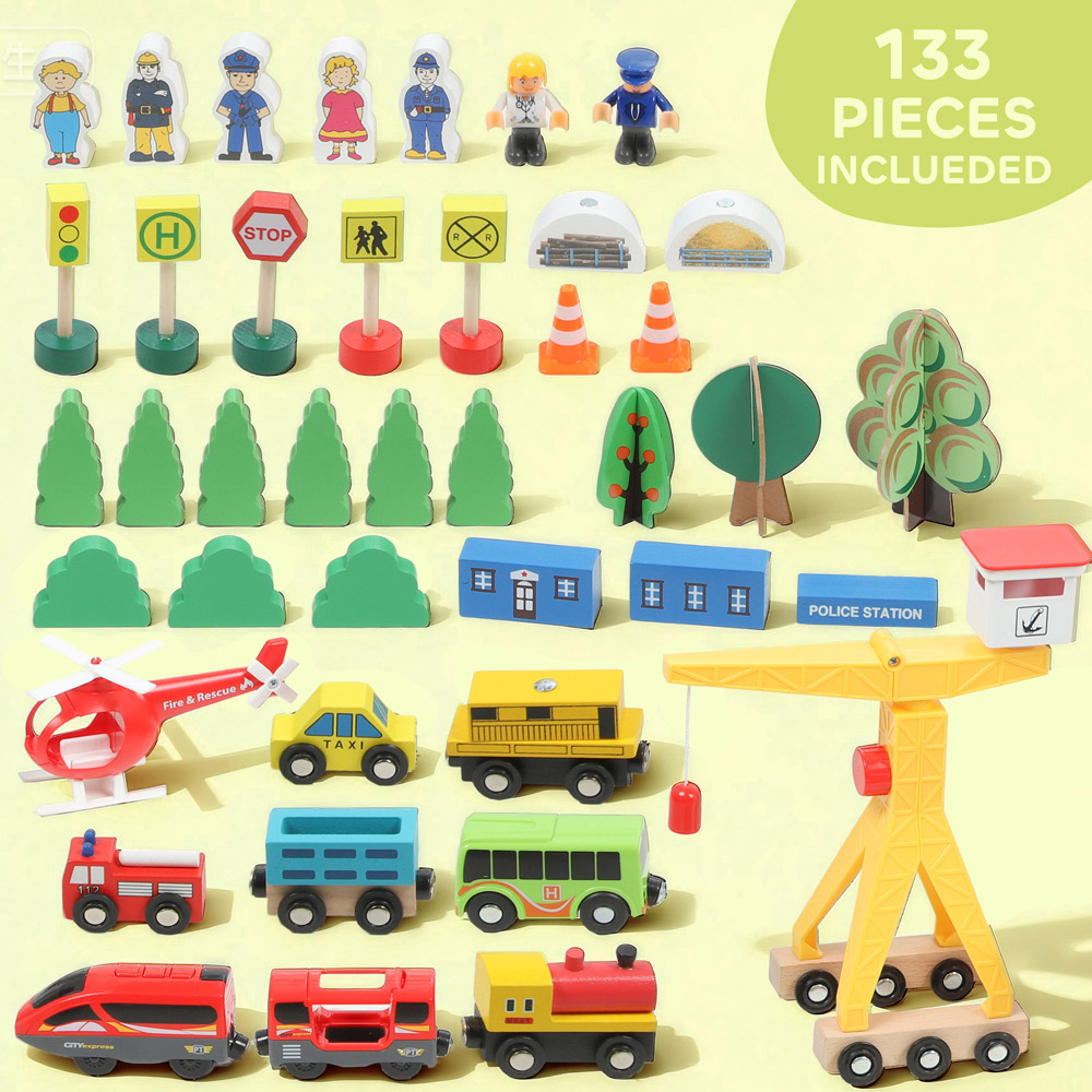Tommy Toys AIYAPLAY 133 Piece Wooden Toy Train Set with Crane Image 5