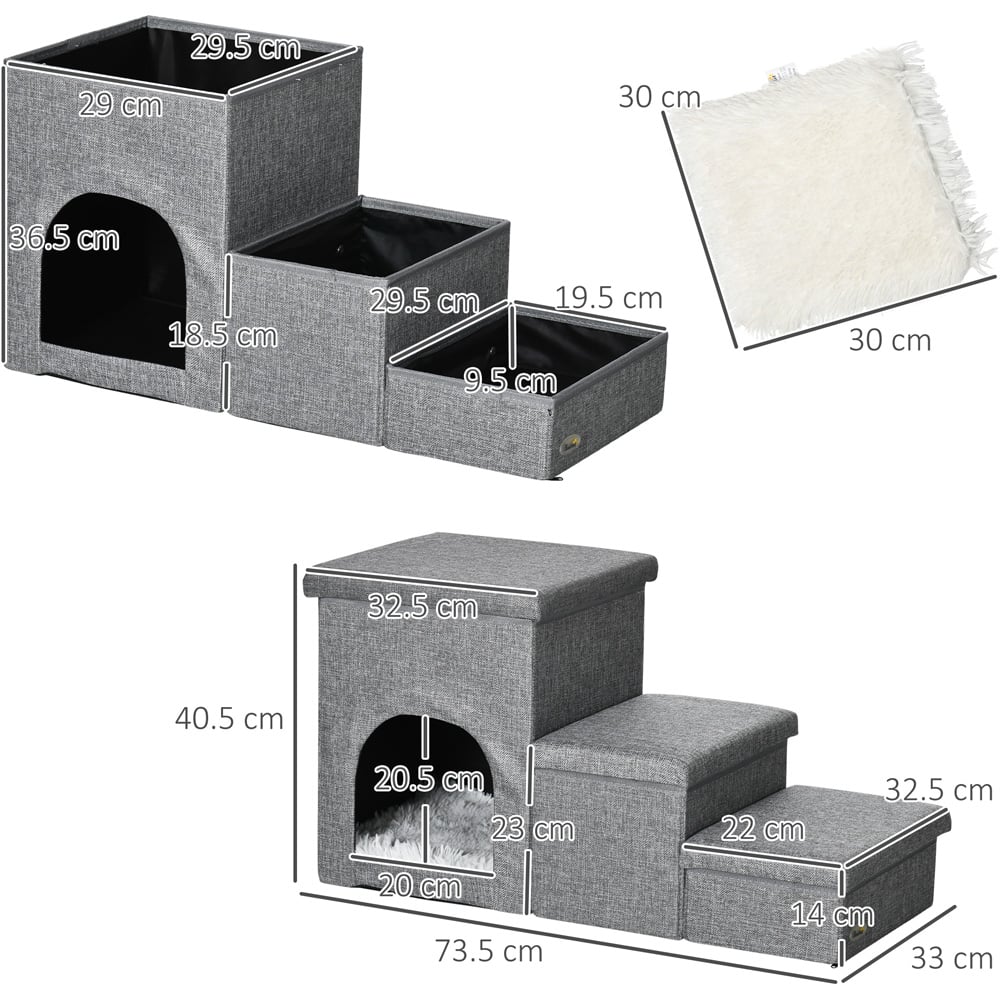 PawHut 3 Step Faux Linen Pet Stairs with Mini House Image 7