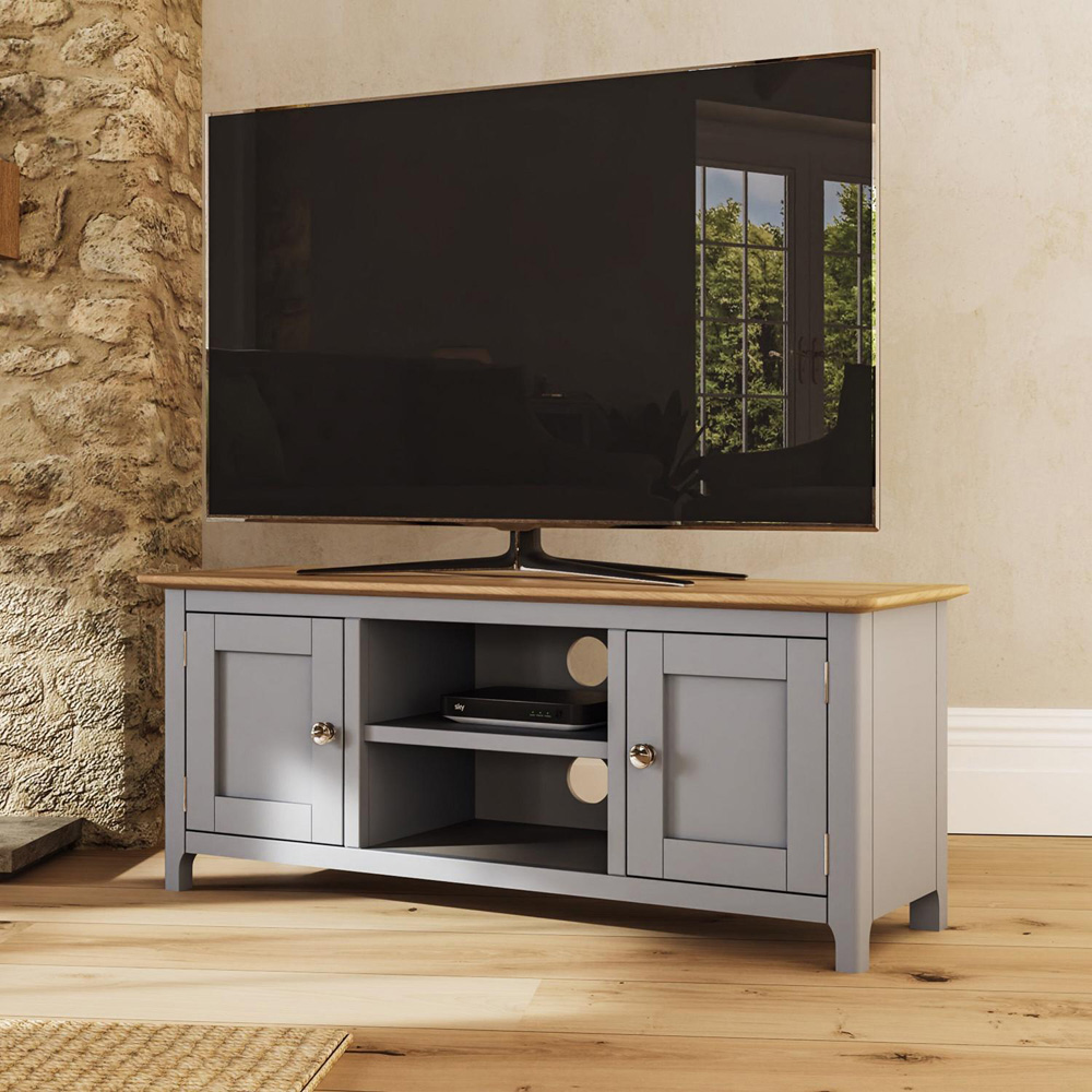 FWStyle Taberno 2 Door 2 Shelf Dove Grey and Oak Wide TV Unit Image 8