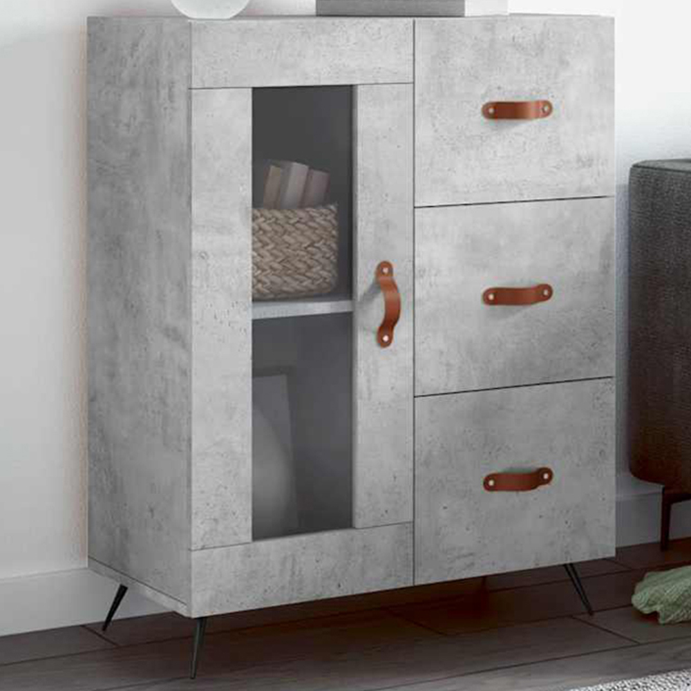 vidaXL Single Glass Door 3 Drawer Concrete Grey Wooden Sideboard Image 1