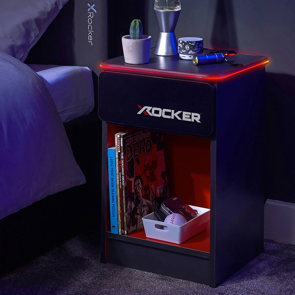 X Rocker Carbon-Tek Single Drawer Single Shelf Grey and Red LED Bedside Table with Charging Image 7