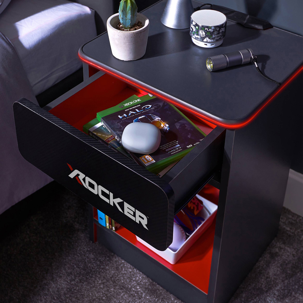 X Rocker Carbon-Tek Single Drawer Single Shelf Grey and Red LED Bedside Table with Charging Image 5
