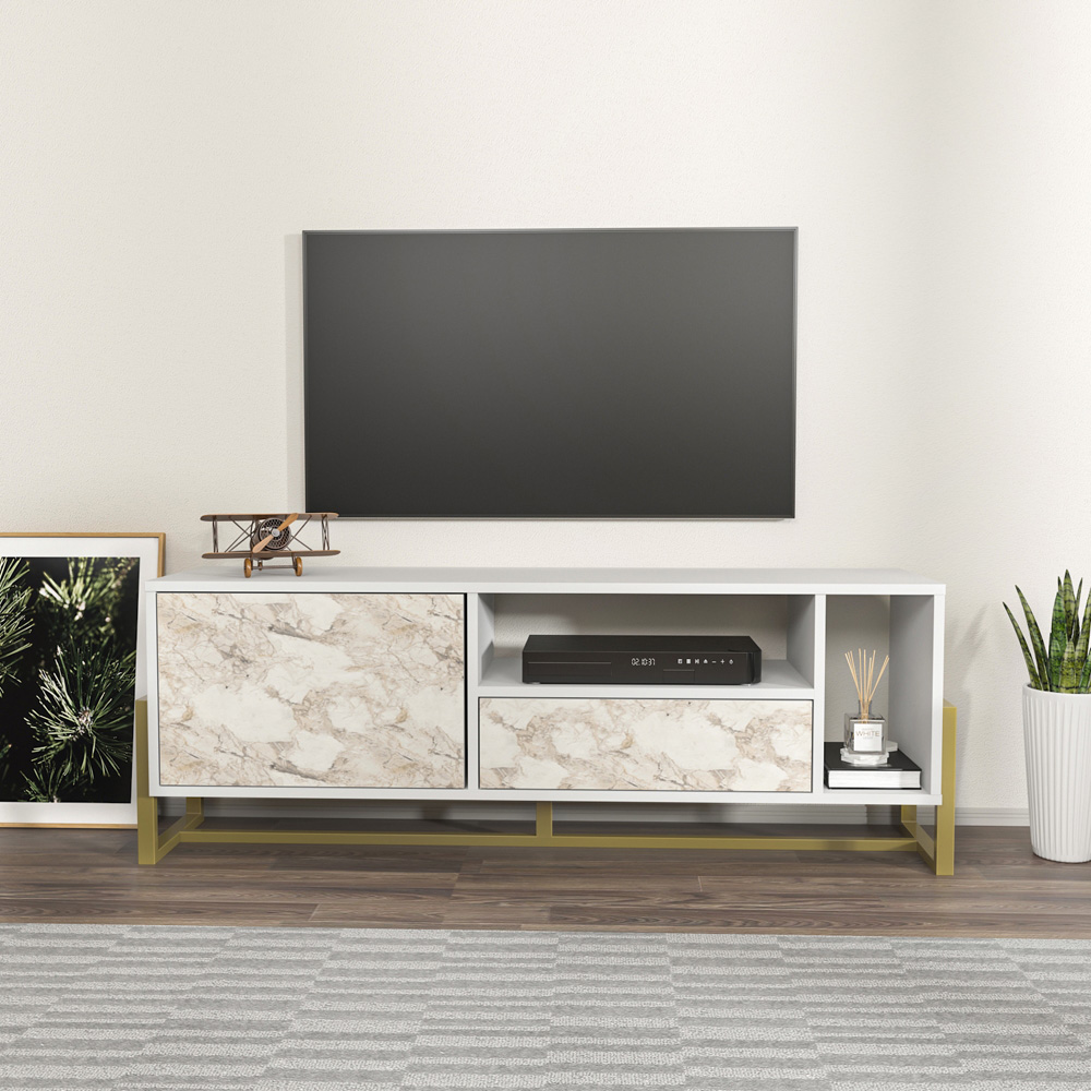 Decorotika Utopie Single Drawer Single Door 2 Shelf White and White Marble Effect TV Unit Image 6
