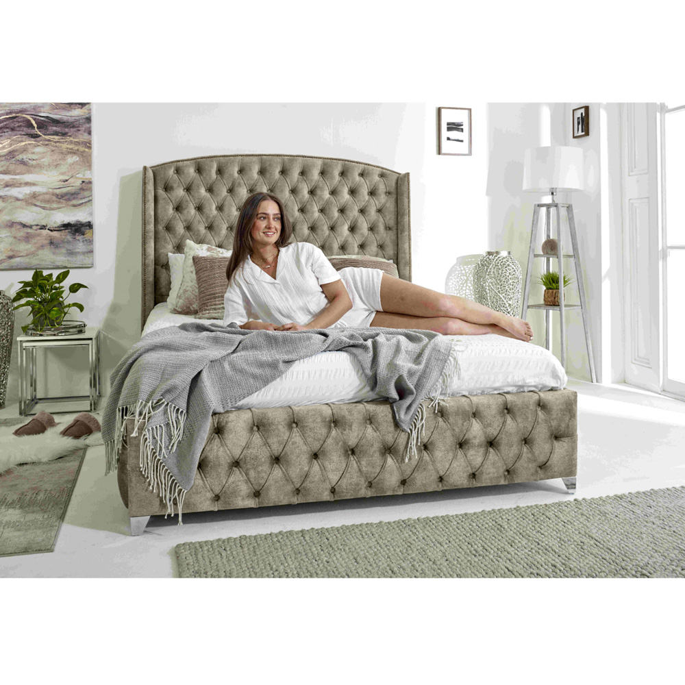 Eleganza Home Winfield King Size Pearl Oakland Fabric Bed Frame with Chesterfield Headboard Image 4