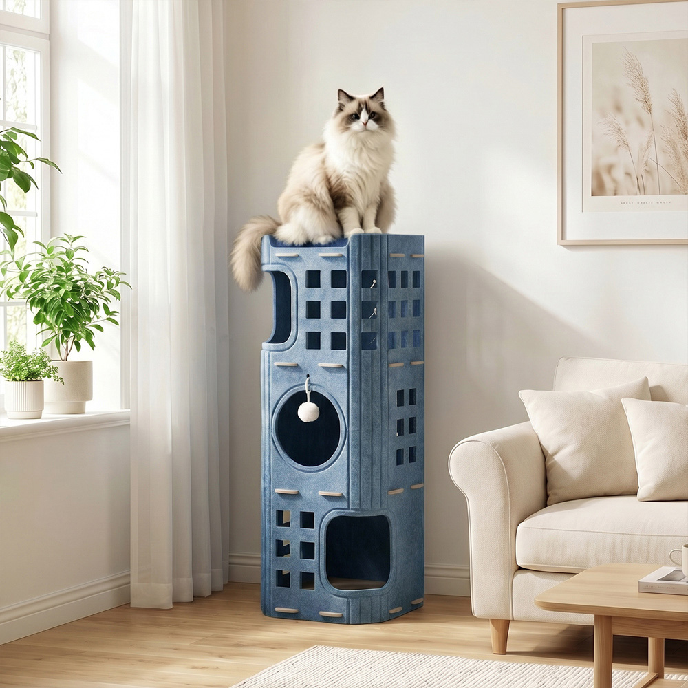 H&O Direct 3-Tier Grey Felt Cat House with Hanging Fluffy Ball Image 2