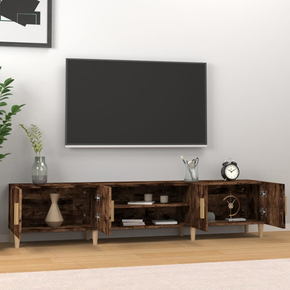 vidaXL 4 Door 2 Open Shelf Smoked Oak TV Cabinet with Wooden Legs Image 1