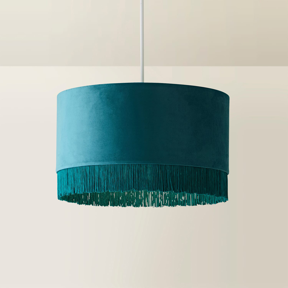 ValueLights Melody Teal Velvet Squat Ceiling Lamp Shade with Fringe Trim Image 3