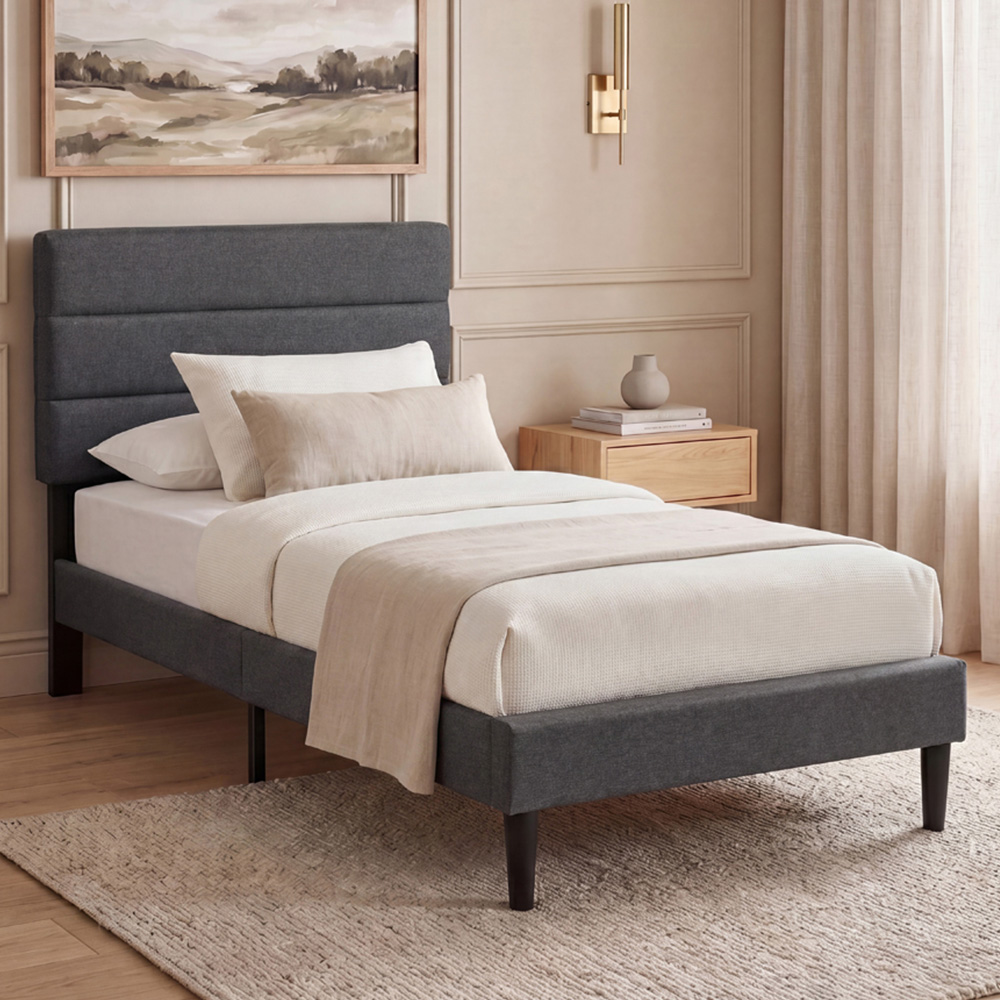 VIDA DESIGNS Vandura Single Dark Grey Linen Fabric Bed with Memory Foam Bonnell Spring Mattress Image 1
