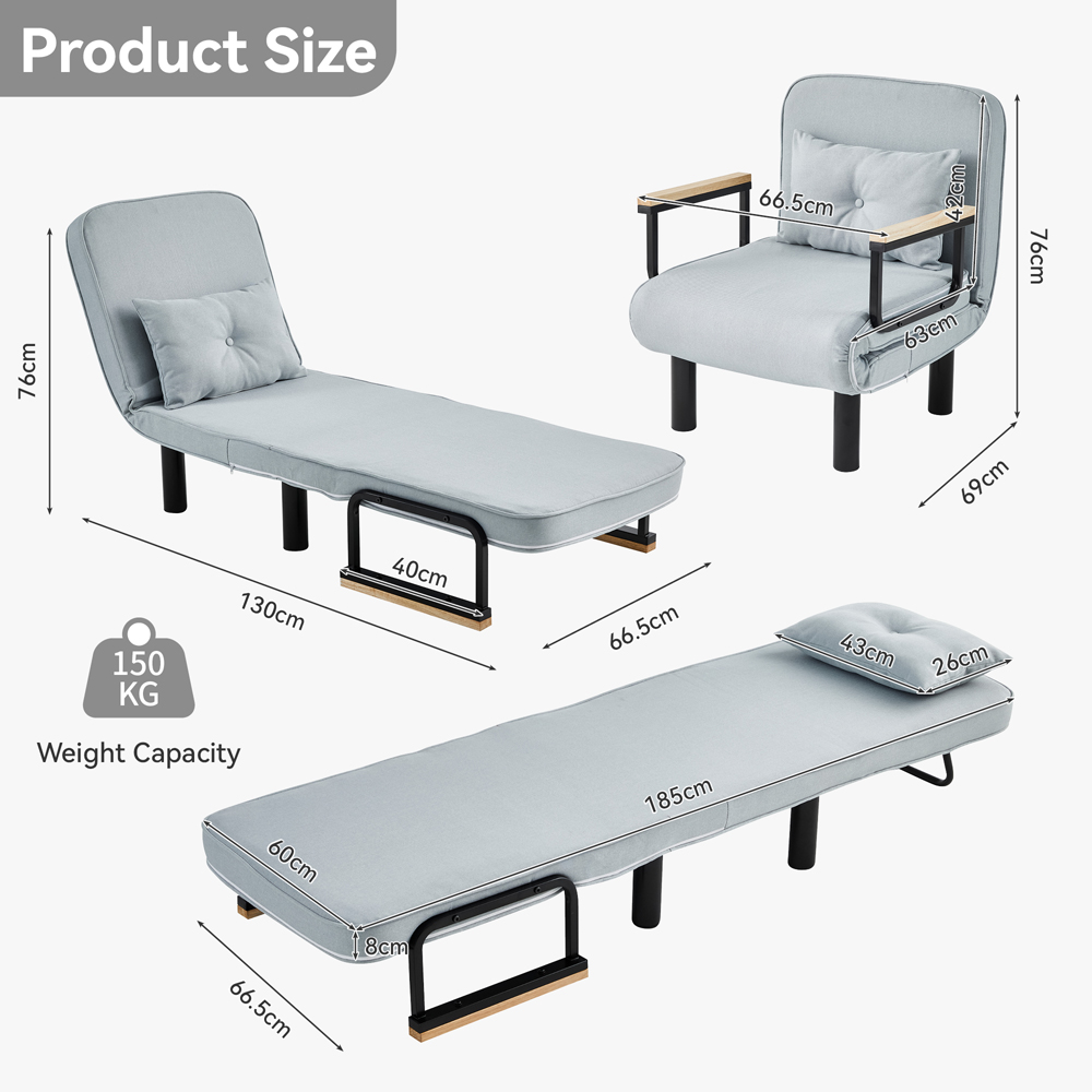 Single Seater Light Grey 4-in-1 Foldable Sofa Bed with Adjustable Backrest and Large Cushion Image 7
