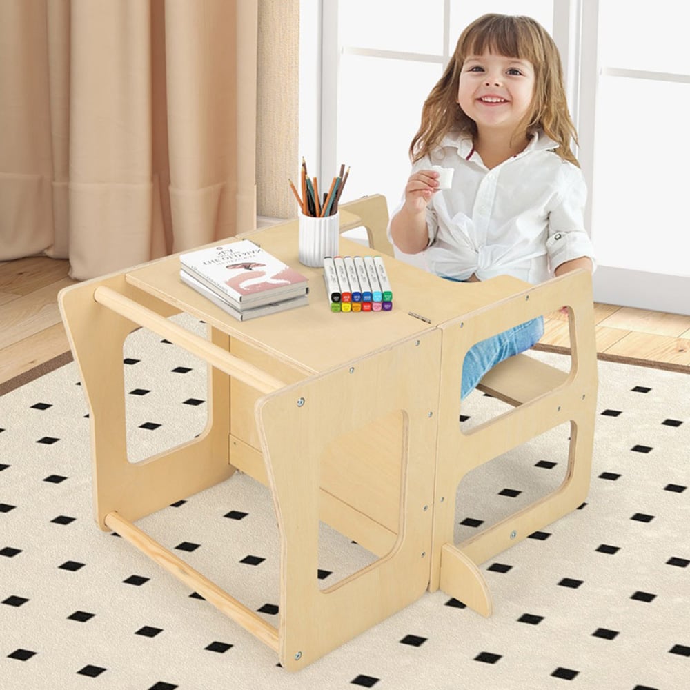 Costway Toddler Natural Foldable Kitchen Step Stool with Chalkboard Image 1
