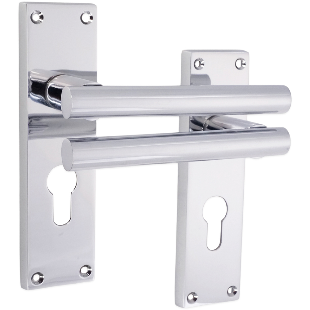 Spira Brass Jura Polished Chrome Lever on Backplate Door Handle with Euro Keyhole 2 Pack Image 1