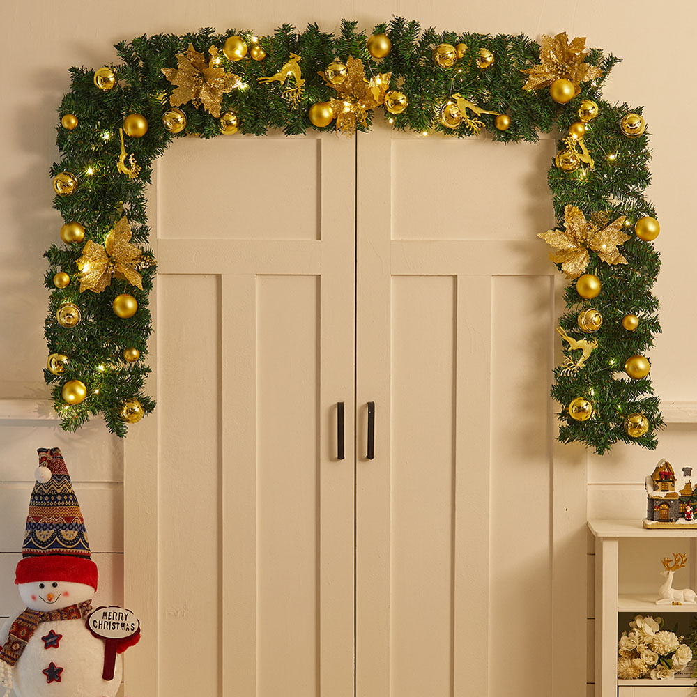 Living and Home Christmas Garland with Gold Baubles Stag and Poinsettias 270cm Image 2