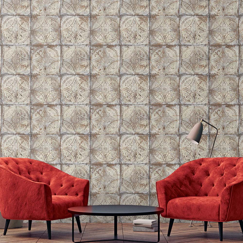 Galerie Grunge Tin Tile Effect Grey Wallpaper Image 2
