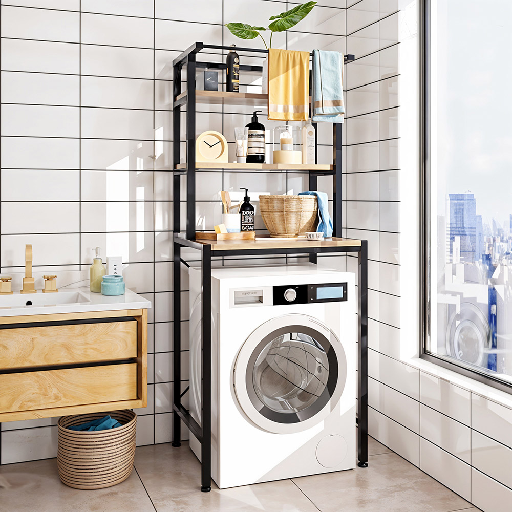 Living and Home 3 Shelf Black Over Washing Machine Storage Shelf with Towel Bar Image 8