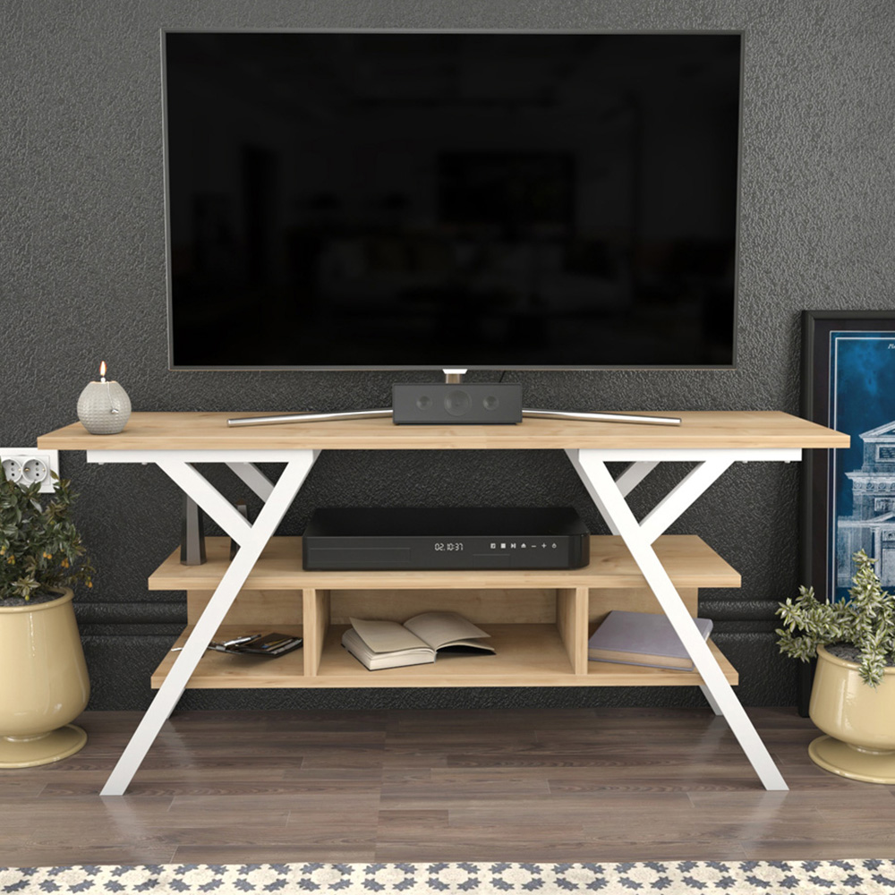 Decorotika Minerva Decorative 4 Open Shelf White and Oak TV Unit Image 1