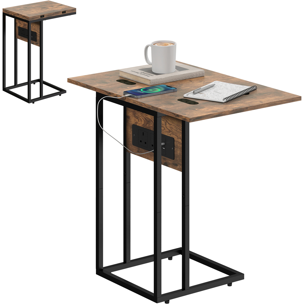 Portland Rustic Brown C Shaped Foldable Top Side Table with Charging Station Image 2
