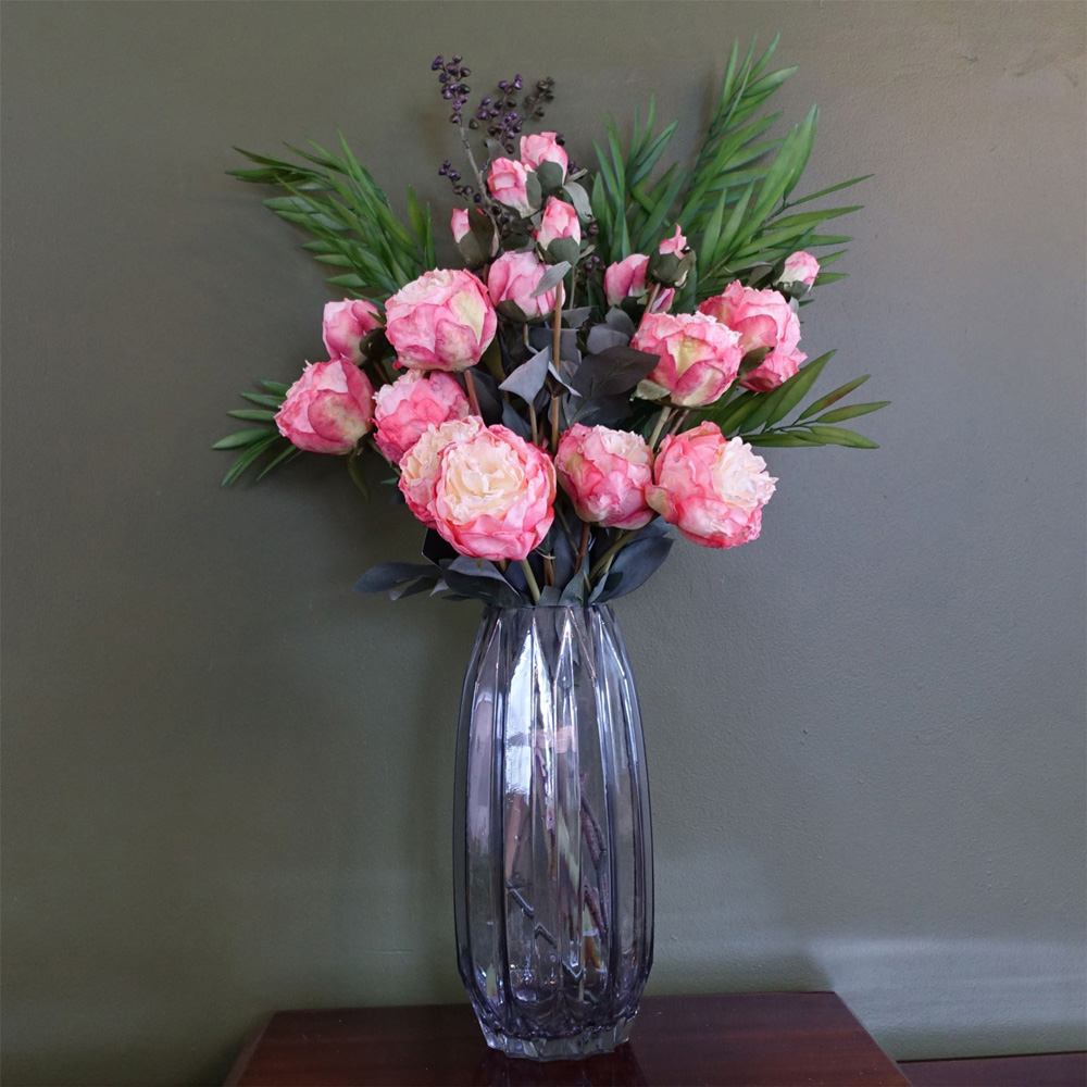 Leaf Pink Peony and Berry Artificial Flower Bundle with Geometric Glass Vase 85cm 6 Pack Image 2