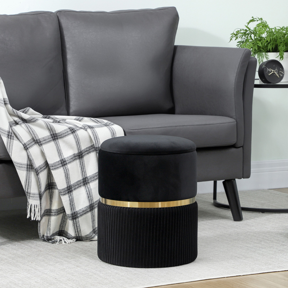 Portland Black Velvet Round Pouffe Footstool with Storage Image 3