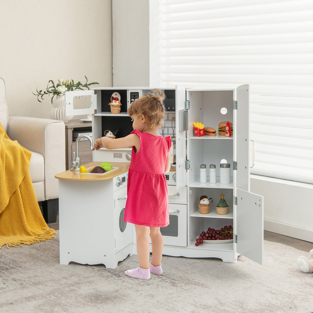 Costway Kids White Wooden Corner Kitchen Play Set with Range Hood Image 2