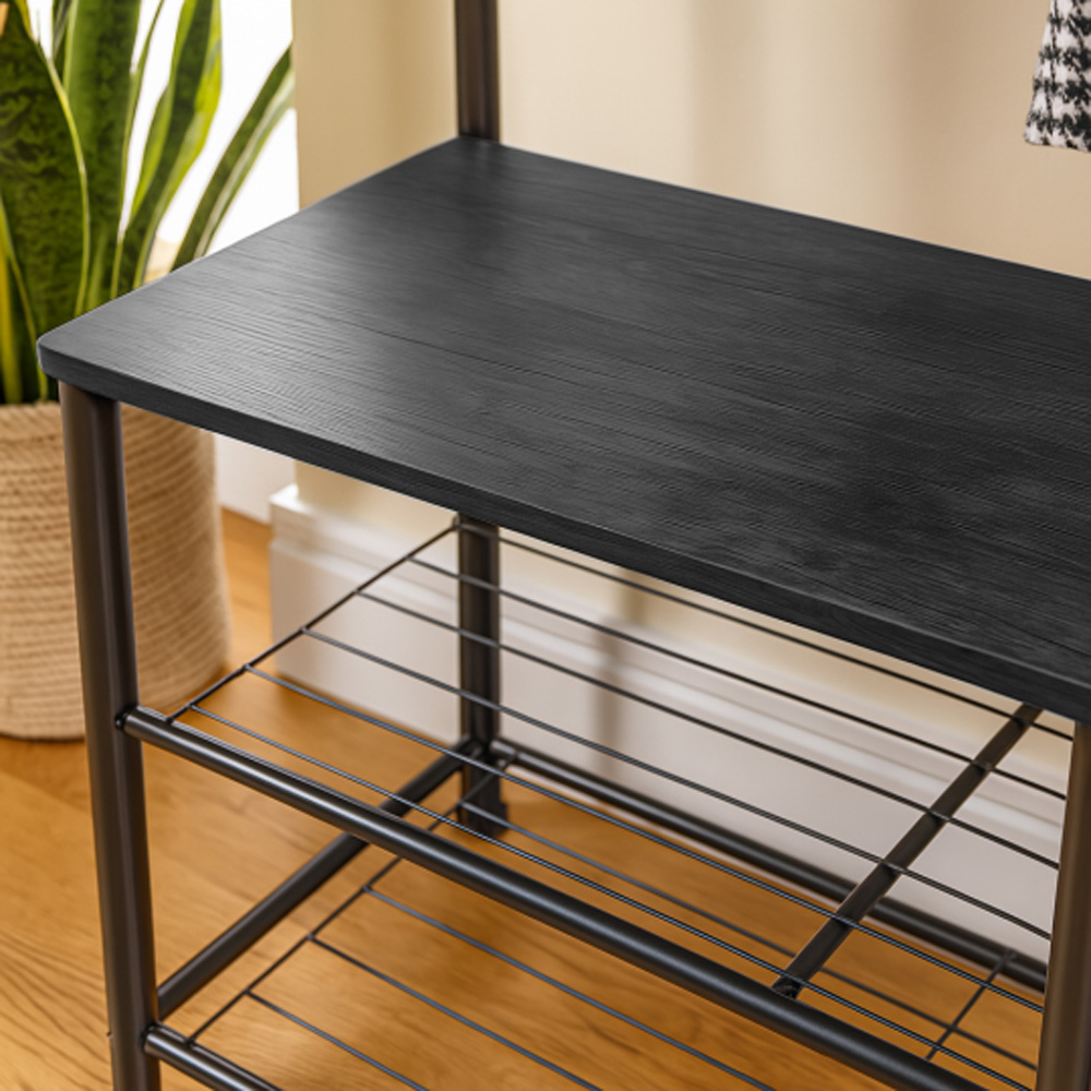 Harbour Housewares 2 Shelf 9 Hook Black Square Steel Coat Rack with Shoe Storage Bench Image 4