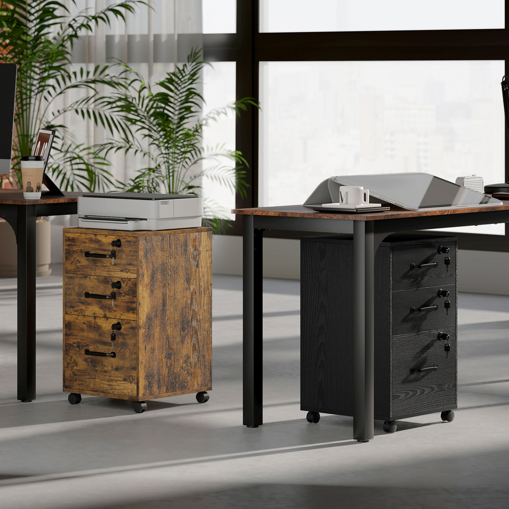 Portland 3 Drawer Brown Mobile Lockable Filing Cabinet with Keys Image 3