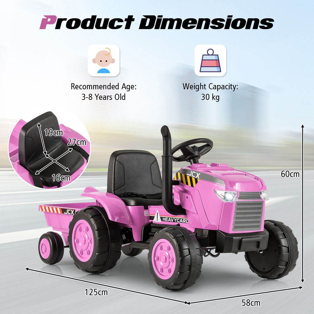 Costway Kids Pink Ride On Tractor with Trailer and Remote Control 12V Image 8