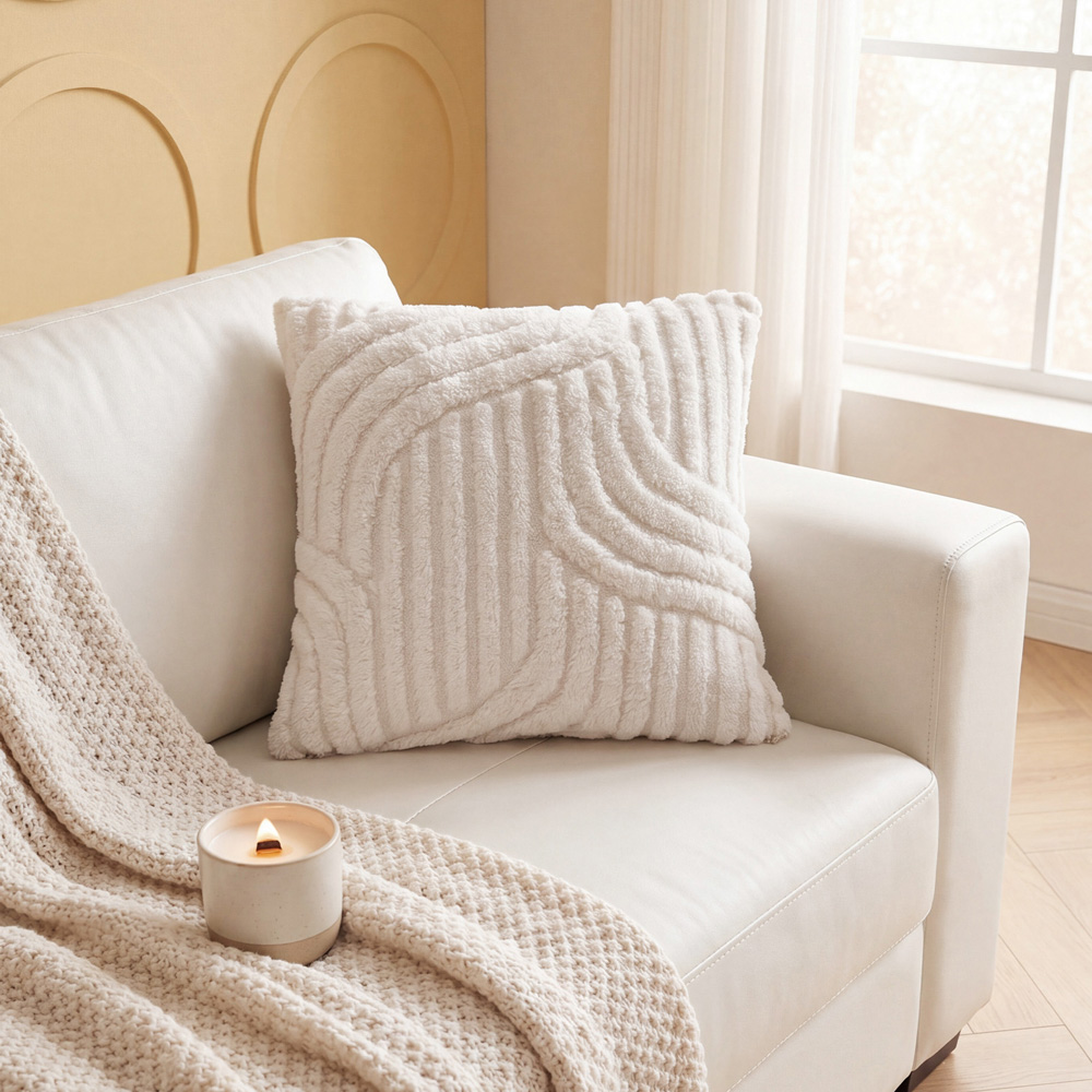 Living and Home Beige Minimalist Wavy Geometric Plush Throw Pillow Cover 45 x 45cm Image 2